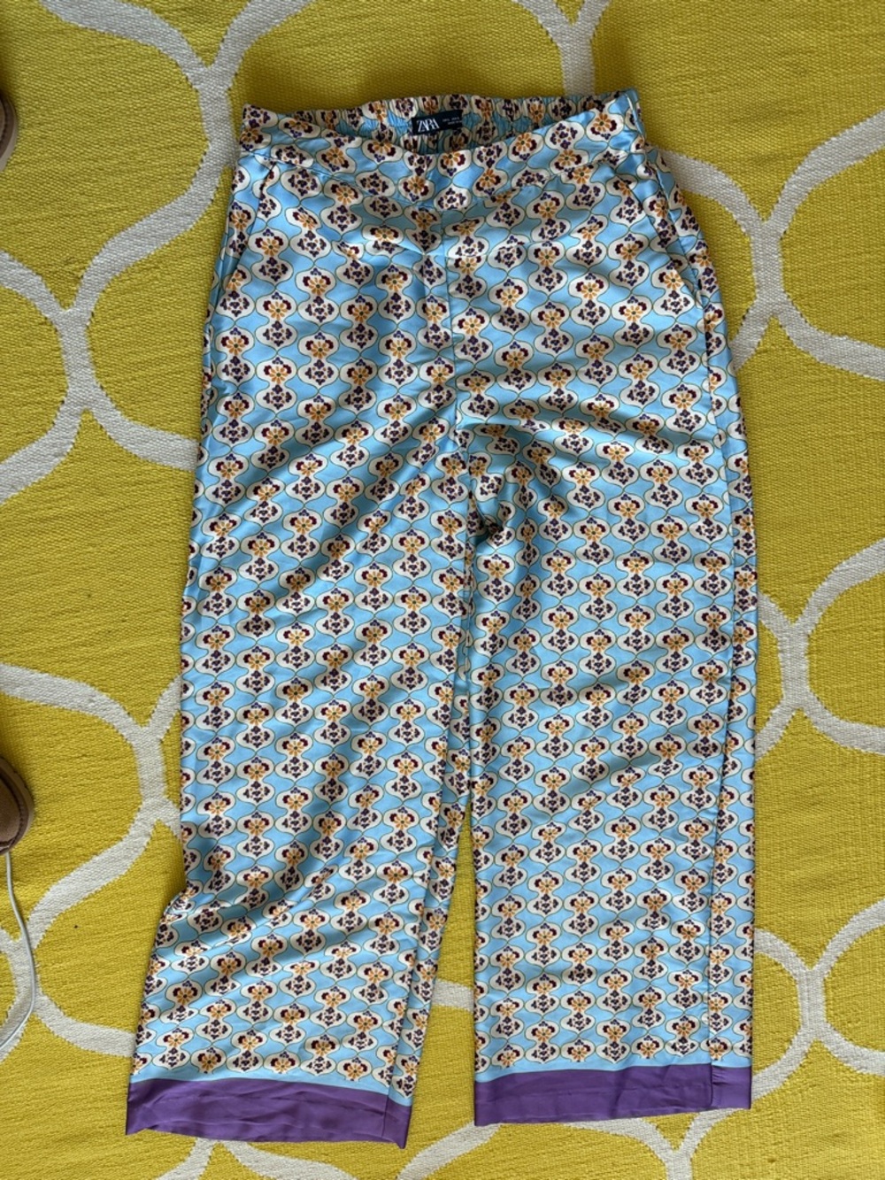 ZARA Light Blue Geometric Wide Leg Pants with Purple Hem